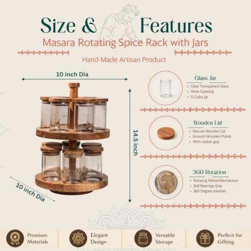 Image of Masara Rotating Spice Rack with 12 Glass Jars & Airtight Acacia Wood Lids | 360 Wooden Masala Stand Organizer | 240ml Jars | Kitchen Spice Storage Carousel | 10 x 10 x 14.5 Inches