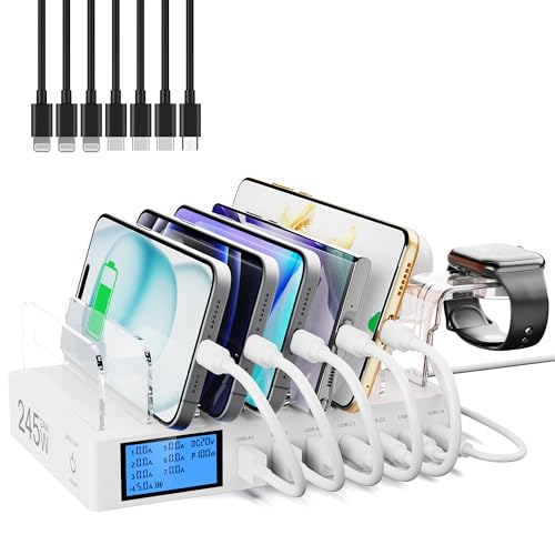 Binamao 245W Estación de Carga de 7 Puertos, Estación Carga Multidispositivo PD 100W USB C Carga Rápida para iPhone 16/15/14/13, Incluye 7 Cables para Teléfonos, Tabletas y Otros Dispositivos – Blanco Binamao 245W Estación de Carga de 7 Puertos, Estación Carga Multidispositivo PD 100W USB C Carga Rápida para iPhone 16/15/14/13, Incluye 7 Cables para Teléfonos, Tabletas y Otros Dispositivos – Blanco