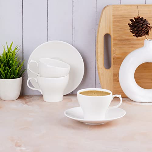 Image of Dandy Lines Liza White Tea Cups, Plain Solid, Luxury Tea Cup and Saucer Set, Ideal for Tea Time, Ceramic, Pack of 12, Microwave & Dishwasher Safe, Great for Hosting & Gifting