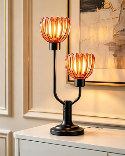 Image of Lightdot Mid Century Modern Flower Table Lamp for Living Room Pink Dimmable | Nightstand Lamp Glass Vintage Black Desk Lamp 2 Bulbs Included Warmwhite Ambient Bedside Lamps for Bedroom Home Decor Gift
