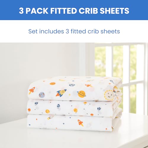 Image of Delta Children Fitted Crib Sheets for Girls and Boys - Crib Sheet for Standard Crib and Toddler Mattresses - 28x52 Inch (Pack of 3), Space Exploration