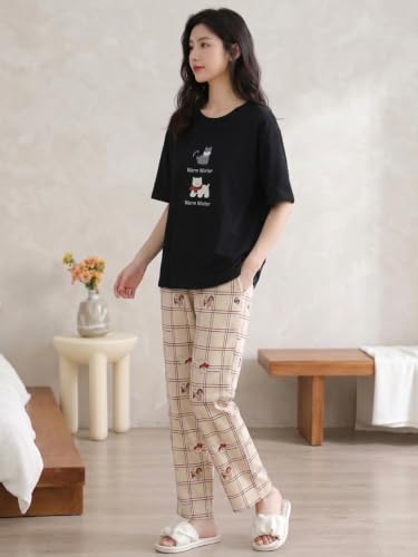 Image of Women's Korean Style Looper Fabric Nightsuit Set | Cute Print Half Sleeve T-Shirt & Pajama Set | Soft Comfortable Nightwear & Loungewear for Women