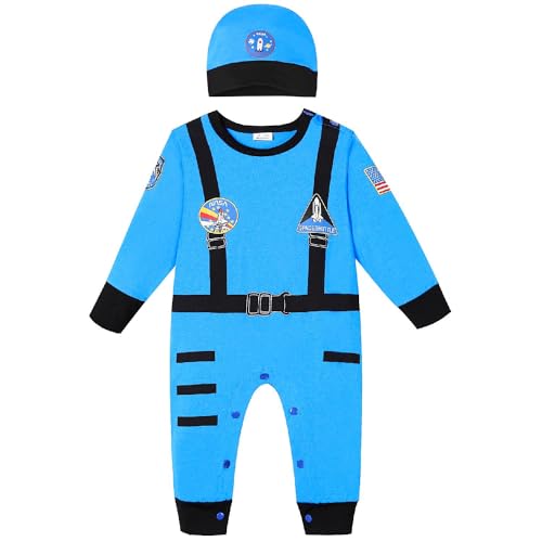 Image of Zusnxaxe Newborn Baby Boys Girls Halloween Astronaut Costume Long Outfit for Children, Baby Spacesuit with hat, Birthday Gifts, Toddler Pretend Role Play Dress Up Blue 0-3