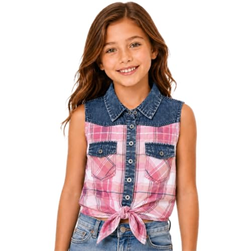 Image of Bienzoe Western Plaid Girls Shirt: Sleeveless Button Down | For girls who love cowgirl style, rodeo days, country concerts, summer comfort, family photos, horse shows, outdoor fun
