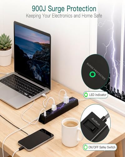 Image of Surge Protector Power Strip - 2ft Extension Cord with 6 AC Outlets 4 USB