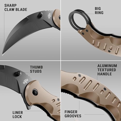 Image of GOOD WORKER Tan Karambit Folding Knife for Men - Military Sharp Tiger Claw Blade - Pocket & Folding Knives for Hunting Camping EDC - Birthday Gifts Ideas for Dad Husband Boyfriend X-42 T