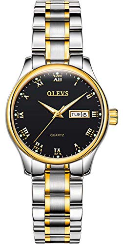 Fashion Luxury Women Quartz Watch Date Waterproof Two Tone Stainless Steel Classic Female Wrist Watch (Silver Black)