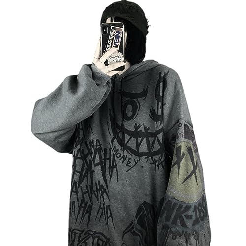 Y2K - Sudadera con capucha Cyber Grunge Alt Clothes Graffiti con cierre, sudadera Emo Harajuku, sudadera con capucha de gran tamaño, color Acubi Goth, Gris-oscuro, XL