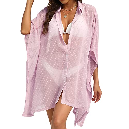 Playa de Las Mujeres Cubierta de la Playa de Verano Sólido Blusa de Gasa 3/4 Manga Sheer Button Down V-Cuello Bikini Funda Mini Vestido (S, Rosa) Cover