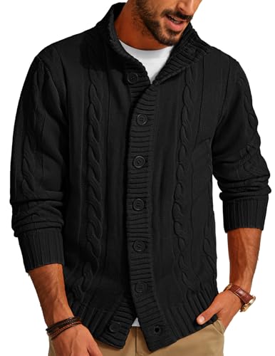 Men's Sweater Black Stand Collar Cable Knitted...