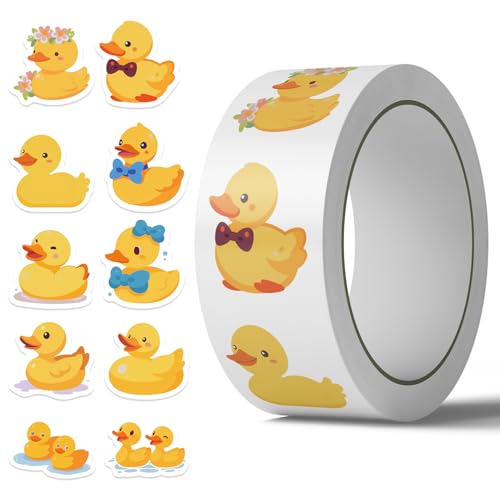 500PCS Yellow Duck Stickers Roll 10 Styles Self-Adhesive Envelope Seals Stickers for Bottles Laptops journals Luggage Snowboards Guitars Scrapbooks Phones Classroom Rewards Party Favors