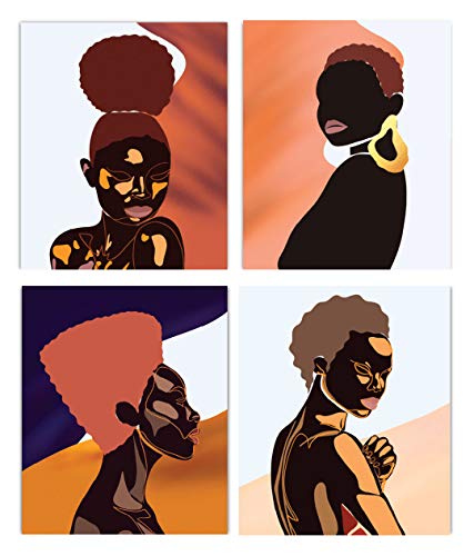 Designs by Maria African Abstract Bathroom Wall Art - Unframed Artwork Decor for Home, Girls Bedroom, Living Room, Spa - Motivational Black Women Posters with Protective UV Coating - 8x10", Set of 4