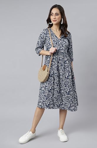 Image of Janasya Women's Cotton Floral Print Angrakha Dress