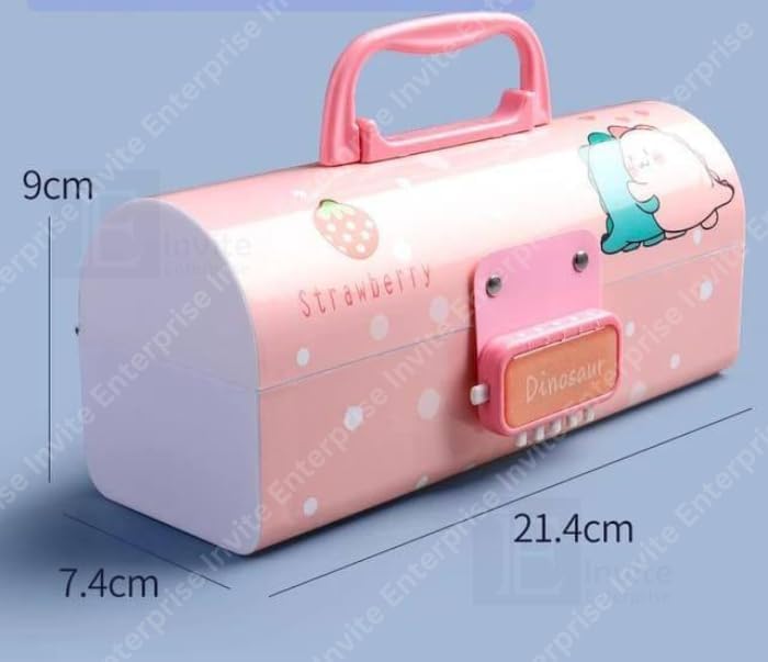 Image of WORSHIPER Cartoon Theme Pencil Box for Kids | Suitcase Style Password Lock Stationery Organizer | Multi-Layer Pen & Pencil Case for Boys & Girls (DPIPB - Dino Pink)