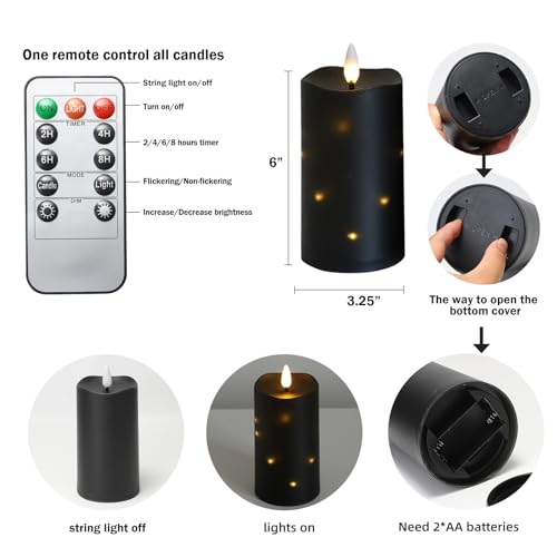 Image of Lezonic Black Flameless Waterproof Outdoor Candles with Remote, 4Pcs Battery Operated Candles LED Flickering Dancing Flame, Built-in String Lights for Halloween Patio Room Decor, 3.25 inch x 6 inch