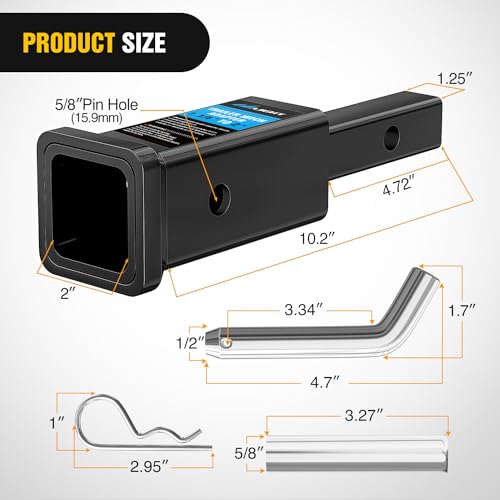 Image of Nilight Trailer Hitch Receiver Extender Adapter Reducer 1-1 /4 to 2Inch Hitch Adapter 6-1 /2 inch Extension Sleeve Convertor 350Lbs with 1 /2-Inch Diameter Pin and Clip with 5 /8-Inch Adapter