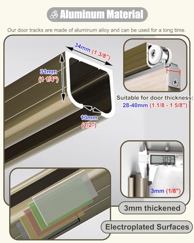 Kit de herrajes para puerta corrediza con ruedas de metal en acabado dorado cepillado y riel champagne de 38 pulgadas (96.5 cm), incluye 12 ruedas miniatura 2