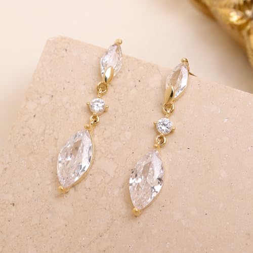 Sonateomber Gold Rhinestone Drop Dangle Earrings for Women, Elegant Marquise Leaf Crystal Bridal Earings Prom Wedding Fashion Jewelry Gift4