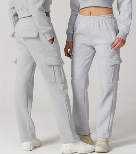 Image of QINSEN Baggy Medium Waist Elastic Sweatpants for Womens Casual Long Fleece Cargo Pants with Pockets
