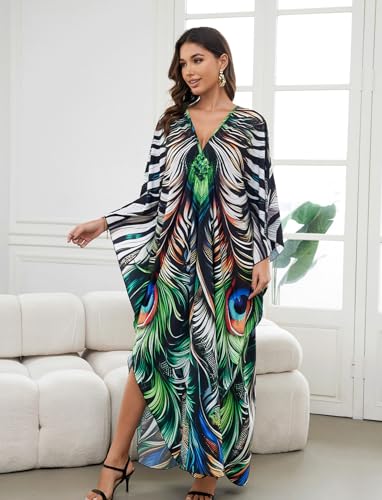 Image of KECVOT Kaftan Dresses for Women Plus Size Batwing Sleeve Caftans Long Bathing Suit Cover Up Maxi Beach Dress Loungewear