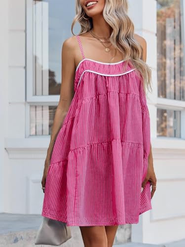 Image of Wenrine Womens Striped Mini Dress Oversized Spaghetti Strap Casual Sleeveless Ruffle Tiered Beach A Line Dress
