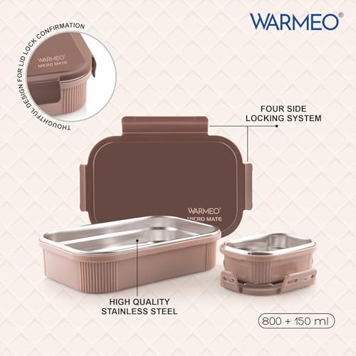 Image of WARMEO MICROMATE Microwave-Safe Stainless Steel Lunch Box, Bpa Free, Perfect for Office, School, Travelling, Combo(800ml+150 ml), Brown