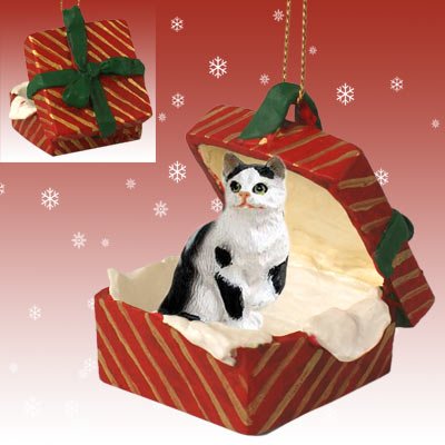 CAT Black n White Tabby Shorthair w/Paw UP sits in a Red Gift Box Christmas Ornament New Resin RGBC02