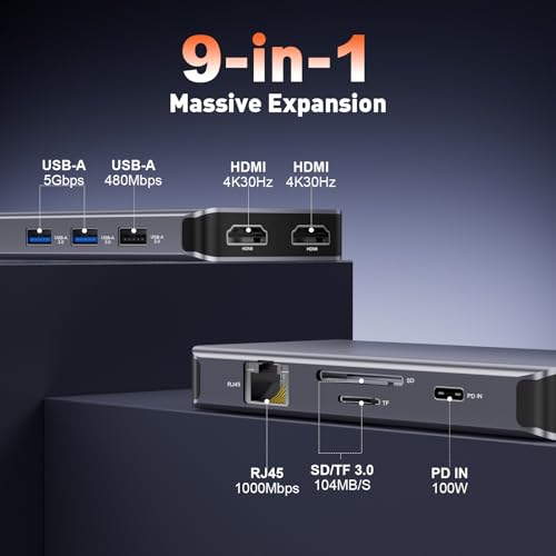 THANDBLE 9 in 1 Docking Station Dual Monitor, USB C to Dual HDMI Adapter, 1000Mbps LAN, 100W PD, SD/TF 3*USB-A Data Port, HDMI Extended Display Laptop USB C Hub for HP/Dell/XPS/Lenovo/Laptop