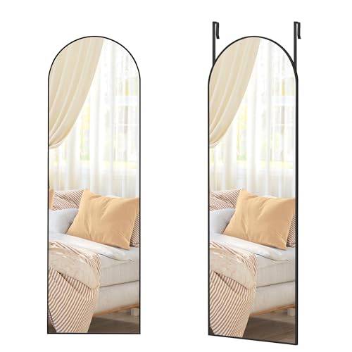 SONGMICS Full Length Hanging Mirror 120 x 40 cm Arched Full Body Mirror Over the Door or Wall Mounted Mirror Tempered Glass for Bedroom Living Room Cloakroom Ink Black LFM033B01