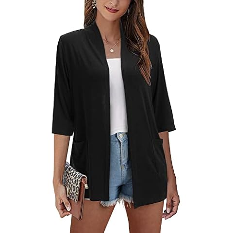ULTRANICE Black Cardigan for Women Lightweight Summer Sweaters 2024 Fashion Trendy Casual Kimono Jackets Tops Clothes Beach Cover Up Short Sleeve Open Front Cardigans with Pockets(Black,L) Cover
