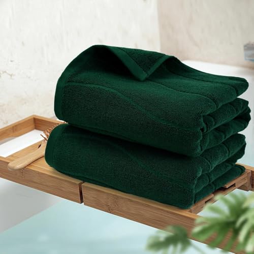 Juego de 2 toallas de baño de algodón verde oscuro con relieve de rayas onduladas 3