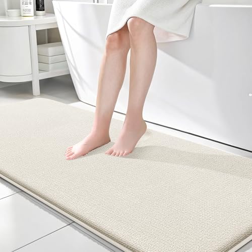 Image of OLANLY Thick Memory Foam Bathroom Runner Rugs 70x24, Extra Soft Absorbent Long Bath Rug, Quick Dry Bath Mats, Non-Slip, Machine Washable Mat for Bathroom, Tub and Shower, Home Decor Accessories, Ivory