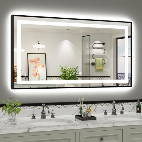 Image of 55x30 Inch LED Bathroom Mirror with Black Frame, Backlit & Front Lit, Anti-Fog Lighted Bathroom Vanity Mirror for Wall, Memory Function, Dimmable, HD Tempered Glass, Shatter-Proof