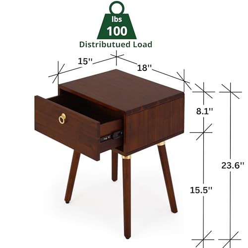 Image of Bme Caden Solid Wood Nightstand /Side Table /End Table, Fully Assembled, with 1-Drawer for Mid Century Bedroom and Living Room, Walnut