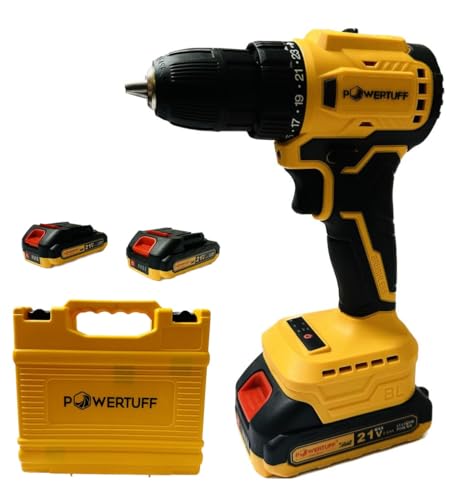 Image of POWERTUFF Brushless 21V Cordless Drill with 2 Batteries, 2 Variable Speed, Fast Charger, 3 /8'' Keyless Chuck And (2.Ah) 2 Lithium Power Batteries