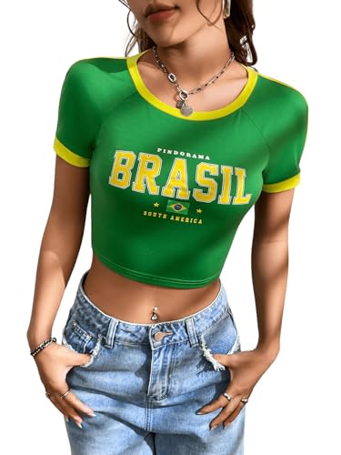 Women's Letter Graphic Round Neck Contrast Binding Crop Tee Short Sleeve Slim Fit Pullover T Shirt Green Medium3