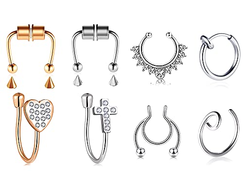 BVGA Fake Nose Rings, Magnetic Septum Nose Ring Non-Piercing Stainless Steel Inlaid CZ Faux Nose Rings Clip On Spring Nose Ring Hoop Fake Nose Lip Ear Piercing Jewelry for Women Men