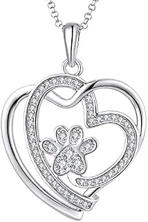 JO WISDOM Women Necklace,925 Sterling Silver Pet Dog/Cat Paw Print Footprint Love You from My Heart Necklace with AAA Cubic Zirconia