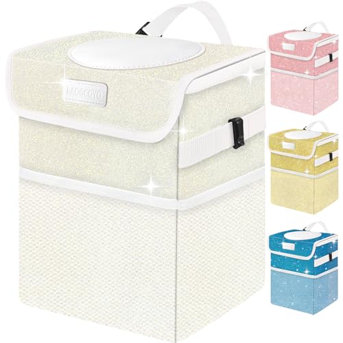 Image of Cute Mini Car Trash Bag with Lid, Glitter Garbage Can Bin Hanging for Back /Front Seat /Console, Waterproof, Leakproof, 2.5 Gallon, Beige Cream Bling Sparkly