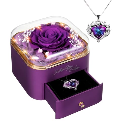 GOICC Preserved Rose with Necklace Gifts Box for Her Forever Purple Rose Birthday Gifts for Mum Wife Girlfriend Nana Romantic Gift Eternal Flower Anniversary Present for Women