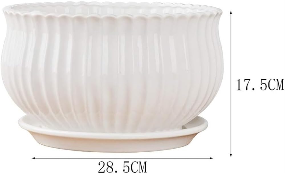 Biała ceramiczna doniczka z szerokimi ustami Bardzo duża nowoczesna okrągła balkonowa zielona doniczka Wewnętrzna ceramiczna biała doniczka ze spodkami Kreatywne różne wzory (kolor: styl 4) (styl 3)
