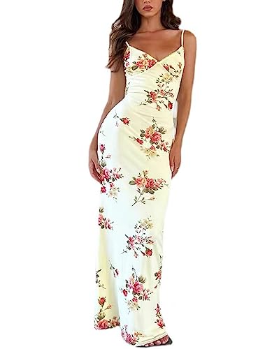 Image of ABINGOO Women Vintage Spaghetti Strap Maxi Dress Sexy Low Cut Backless Floral Satin Slip Long Dress Y2k Cami Bodycon Dresses