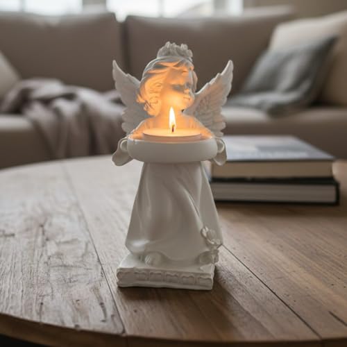 Image of Decorative Angel Figurine with Candle Holder | Elegant Tealight Candle Stand for Home Decor, Living Room & Bedroom | Spiritual Showpiece for Peaceful Ambience & Gifting