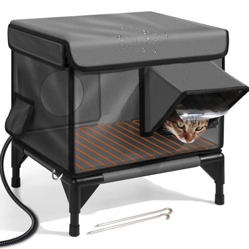 Nihig加熱式屋外猫ハウス、13cm高台ベース付き野良屋外猫シェルター、ヒーター付き断熱屋外猫シェルター、防水&断熱&安全な避難ドア、野良納屋猫用 折りたたみ式 防寒・防雨 ペット用品 通気性 お手入れ簡単 オールシーズン対応 (S)