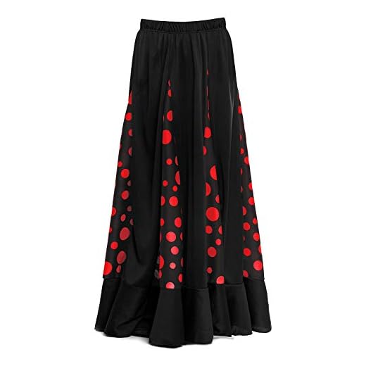 Falda Flamenca Mujer Negra con Quillas Lunares Rojos [Tallas Adulto S a XXL]【Talla L】 Ensayo Baile Danza Disfraz