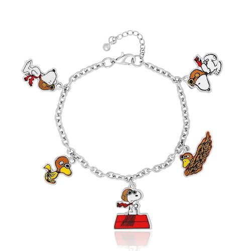 Peanuts Snoopy Charm Bracelet Official License, 7.5"+1" Fashion Bracelet with 5 Flying Ace Snoopy and Woodstock Charms