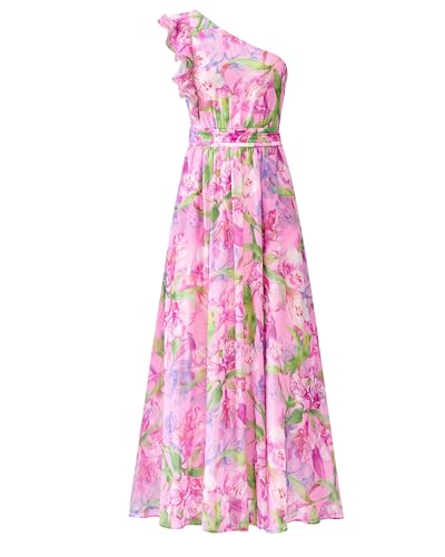 BTFBM Women Summer One Shoulder Floral Wedding Guest Dresses Sleeveless Smocked Ruffle Flowy Beach Vacation Maxi Dress(Floral Pink Small)