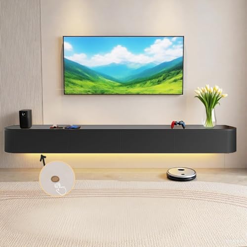 Image of Floating TV Stand Wall Mounted - Wall Entertainment Center with Flip-Down Doors & Drawers, Modern Hanging TV Shelf for Living Room, Media Console for 65 /75 80 Inch TVs (Black - B, 47.2IN /120CM)
