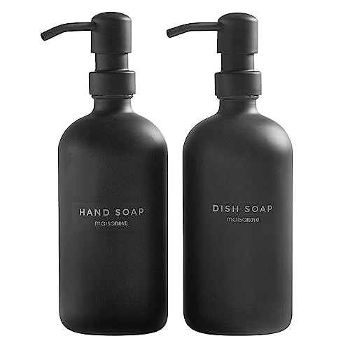 MaisoNovo Glass Soap Dispenser | Bathroom and Kitchen Set w.Dish Soap Hand Soap and Vintage Lotion Dispenser Set Waterproof Labels | Black Bottles - Black Soap Pumps Dispenser Set of 2