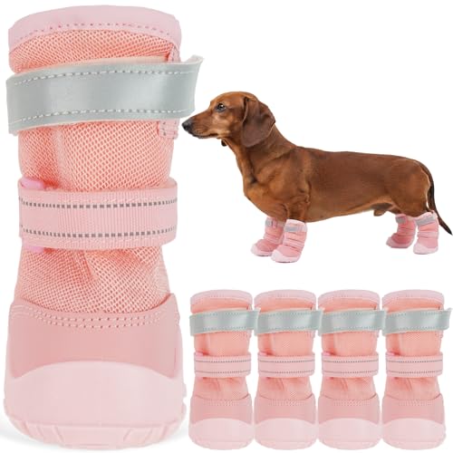 Image of ROZKITCH Dog Boots, Waterproof Sole Dog Shoes, Lightweight Booties with Reflective Rugged Anti-Slip Sole and Skid-Proof,Outdoor Dog Shoes for Medium to Large Dogs 4Pcs Pink 3#